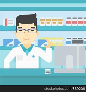 An asian young pharmacist standing at the counter and showing some medicine. Male pharmacist holding a box of pills in the pharmacy. Vector flat design illustration. Square layout.. Pharmacist showing some medicine.