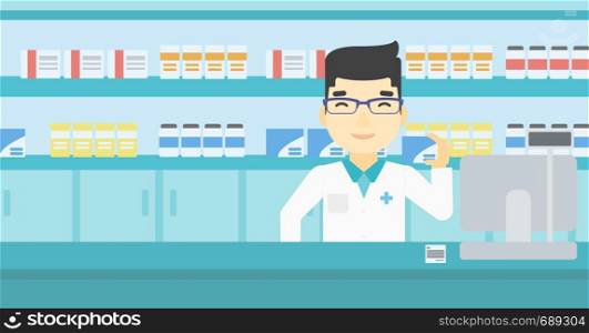 An asian young pharmacist standing at the counter and showing some medicine. Male pharmacist holding a box of pills in the pharmacy. Vector flat design illustration. Horizontal layout.. Pharmacist showing some medicine.