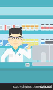 An asian young pharmacist standing at the counter and showing some medicine. Male pharmacist holding a box of pills in the pharmacy. Vector flat design illustration. Vertical layout.. Pharmacist showing some medicine.