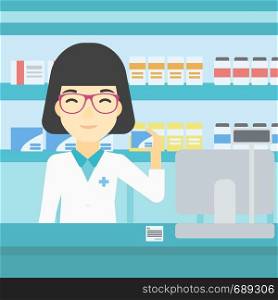 An asian young pharmacist standing at the counter and showing some medicine. Female pharmacist holding a box of pills in the pharmacy. Vector flat design illustration. Square layout.. Pharmacist showing some medicine.