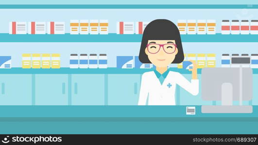 An asian young pharmacist standing at the counter and showing some medicine. Female pharmacist holding a box of pills in the pharmacy. Vector flat design illustration. Horizontal layout.. Pharmacist showing some medicine.