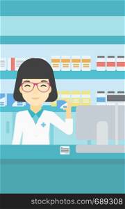 An asian young pharmacist standing at the counter and showing some medicine. Female pharmacist holding a box of pills in the pharmacy. Vector flat design illustration. Vertical layout.. Pharmacist showing some medicine.