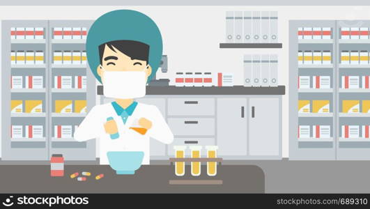 An asian young pharmacist using mortar and pestle for preparing medicine in the laboratory. Pharmacist mixing medicine at the hospital pharmacy. Vector flat design illustration. Horizontal layout.. Pharmacist preparing medication.