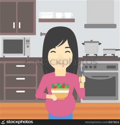 An asian young pregnant woman holding bowl with vegetables in kitchen. Concept of healthy nutrition during pregnancy. Vector flat design illustration. Square layout.. Pregnant woman with vegetables and fruits.