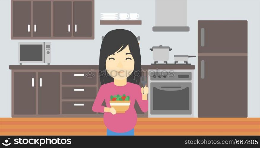 An asian young pregnant woman holding bowl with vegetables in kitchen. Concept of healthy nutrition during pregnancy. Vector flat design illustration. Horizontal layout.. Pregnant woman with vegetables and fruits.