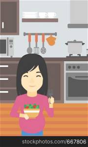 An asian young pregnant woman holding bowl with vegetables in kitchen. Concept of healthy nutrition during pregnancy. Vector flat design illustration. Vertical layout.. Pregnant woman with vegetables and fruits.