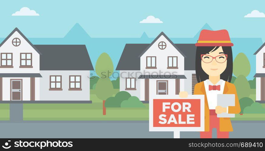 An asian young real estate agent offering the house. Female broker with placard for sale and documents in hands standing in front of the house. Vector flat design illustration. Horizontal layout.. Real estate agent offering house.