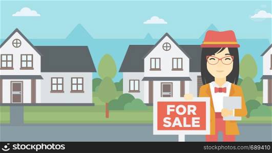 An asian young real estate agent offering the house. Female broker with placard for sale and documents in hands standing in front of the house. Vector flat design illustration. Horizontal layout.. Real estate agent offering house.