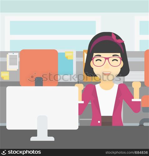 An asian young smiling business woman sitting at workplace in office and celebrating. Successful business concept. Vector flat design illustration. Square layout.. Successful business woman vector illustration.
