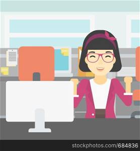 An asian young smiling business woman sitting at workplace in office and celebrating. Successful business concept. Vector flat design illustration. Square layout.. Successful business woman vector illustration.