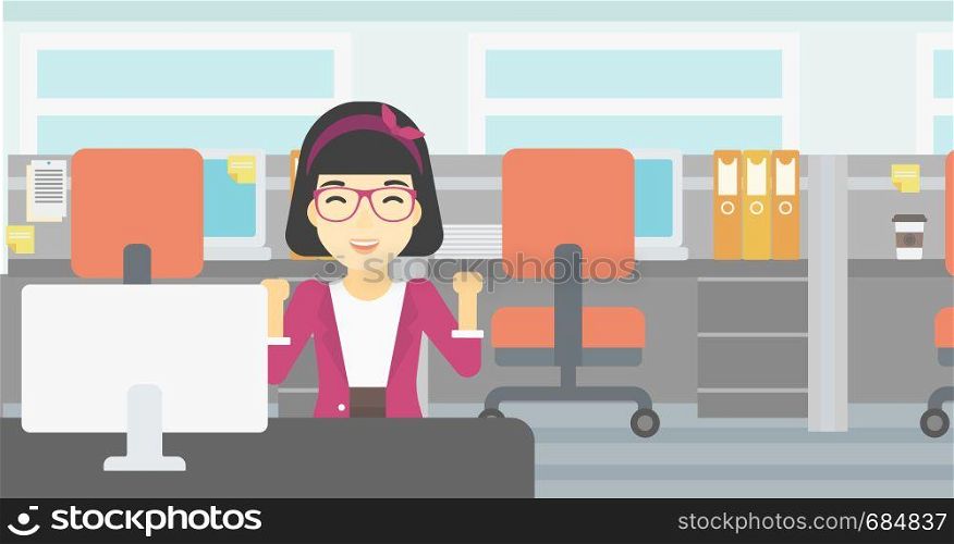 An asian young smiling business woman sitting at workplace in office and celebrating. Successful business concept. Vector flat design illustration. Horizontal layout.. Successful business woman vector illustration.