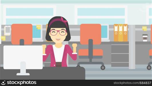 An asian young smiling business woman sitting at workplace in office and celebrating. Successful business concept. Vector flat design illustration. Horizontal layout.. Successful business woman vector illustration.