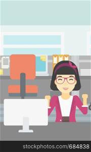 An asian young smiling business woman sitting at workplace in office and celebrating. Successful business concept. Vector flat design illustration. Vertical layout.. Successful business woman vector illustration.