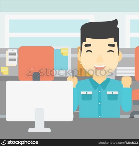 An asian young smiling businessman sitting at workplace in office and celebrating. Successful business concept. Vector flat design illustration. Square layout.. Successful businessman vector illustration.