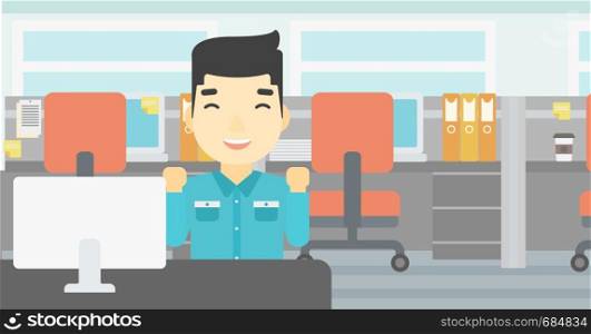 An asian young smiling businessman sitting at workplace in office and celebrating. Successful business concept. Vector flat design illustration. Horizontal layout.. Successful businessman vector illustration.