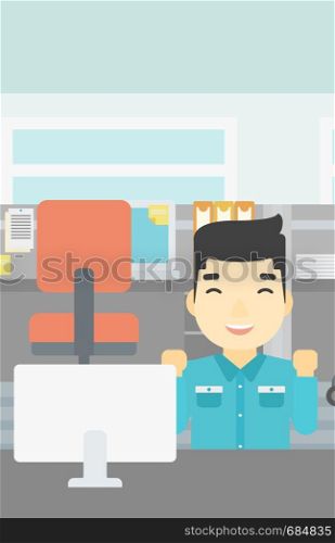 An asian young smiling businessman sitting at workplace in office and celebrating. Successful business concept. Vector flat design illustration. Vertical layout.. Successful businessman vector illustration.