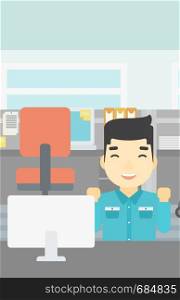 An asian young smiling businessman sitting at workplace in office and celebrating. Successful business concept. Vector flat design illustration. Vertical layout.. Successful businessman vector illustration.
