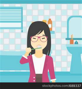 An asian young smiling woman brushing her teeth with a toothbrush in bathroom. Smiling woman holding toothbrush. Vector flat design illustration. Square layout.. Woman brushing teeth vector illustration.