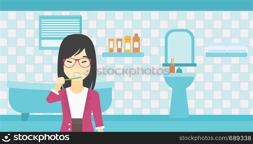 An asian young smiling woman brushing her teeth with a toothbrush in bathroom. Smiling woman holding toothbrush. Vector flat design illustration. Horizontal layout.. Woman brushing teeth vector illustration.