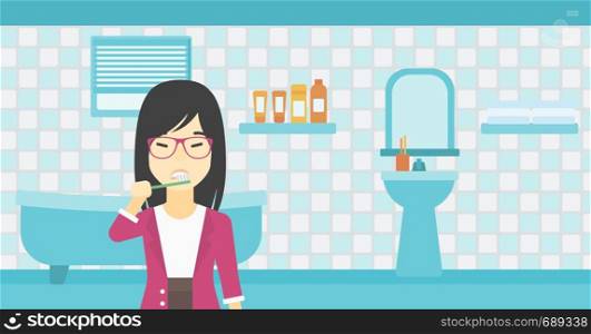 An asian young smiling woman brushing her teeth with a toothbrush in bathroom. Smiling woman holding toothbrush. Vector flat design illustration. Horizontal layout.. Woman brushing teeth vector illustration.