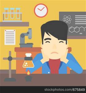 An asian young student carrying out experiment in science class. Student working at laboratory class. Student clutching head at chemistry class. Vector flat design illustration. Square layout.. Student working at laboratory class.