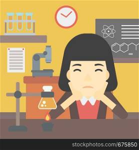 An asian young student carrying out experiment in science class. Student working at laboratory class. Student clutching head at chemistry class. Vector flat design illustration. Square layout.. Female student working at laboratory class.