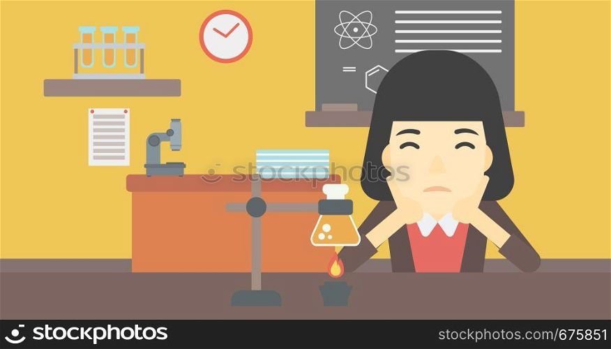 An asian young student carrying out experiment in science class. Student working at laboratory class. Student clutching head at chemistry class. Vector flat design illustration. Horizontal layout.. Female student working at laboratory class.