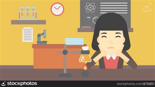 An asian young student carrying out experiment in science class. Student working at laboratory class. Student clutching head at chemistry class. Vector flat design illustration. Horizontal layout.. Female student working at laboratory class.