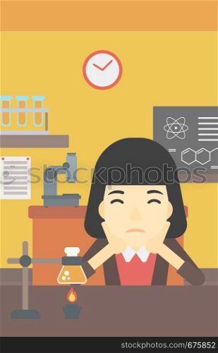 An asian young student carrying out experiment in science class. Student working at laboratory class. Student clutching head at chemistry class. Vector flat design illustration. Vertical layout.. Female student working at laboratory class.