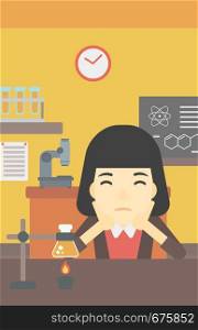 An asian young student carrying out experiment in science class. Student working at laboratory class. Student clutching head at chemistry class. Vector flat design illustration. Vertical layout.. Female student working at laboratory class.