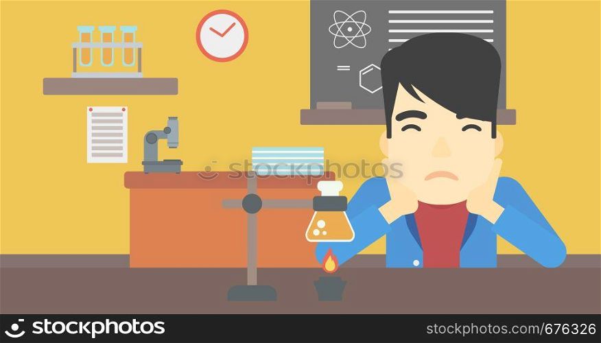 An asian young student carrying out experiment in science class. Student working at laboratory class. Student clutching head at chemistry class. Vector flat design illustration. Horizontal layout.. Student working at laboratory class.