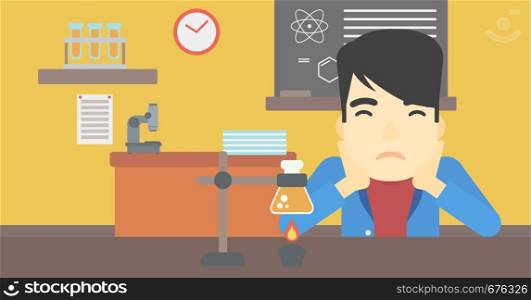 An asian young student carrying out experiment in science class. Student working at laboratory class. Student clutching head at chemistry class. Vector flat design illustration. Horizontal layout.. Student working at laboratory class.
