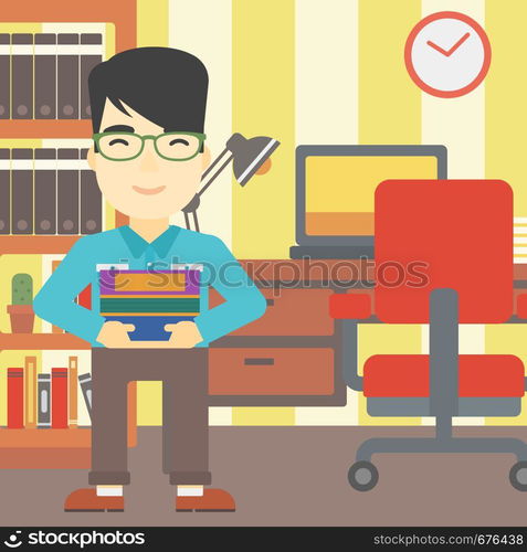 An asian young student holding pile of books. Man with pile of books in hands at home. Smiling student with stack of books. Vector flat design illustration. Square layout.. Man holding pile of books vector illustration.