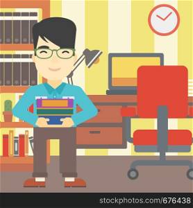 An asian young student holding pile of books. Man with pile of books in hands at home. Smiling student with stack of books. Vector flat design illustration. Square layout.. Man holding pile of books vector illustration.