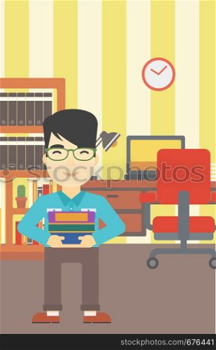 An asian young student holding pile of books. Man with pile of books in hands at home. Smiling student with stack of books. Vector flat design illustration. Vertical layout.. Man holding pile of books vector illustration.
