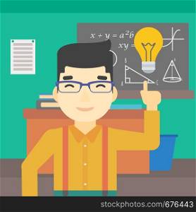 An asian young student pointing finger up at the light bulb. Young man with light bulb on a background of classroom. Vector flat design illustration. Square layout.. Student pointing at light bulb vector illustration