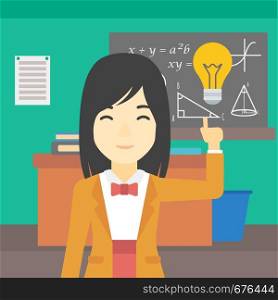 An asian young student pointing finger up at the light bulb. Young woman with light bulb on a background of classroom. Vector flat design illustration. Square layout.. Student pointing at light bulb vector illustration