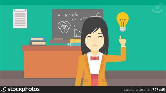 An asian young student pointing finger up at the light bulb. Young woman with light bulb on a background of classroom. Vector flat design illustration. Horizontal layout.. Student pointing at light bulb vector illustration