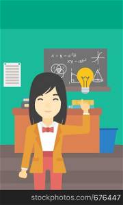 An asian young student pointing finger up at the light bulb. Young woman with light bulb on a background of classroom. Vector flat design illustration. Vertical layout.. Student pointing at light bulb vector illustration