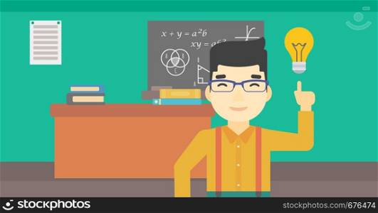 An asian young student pointing finger up at the light bulb. Young man with light bulb on a background of classroom. Vector flat design illustration. Horizontal layout.. Student pointing at light bulb vector illustration
