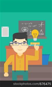 An asian young student pointing finger up at the light bulb. Young man with light bulb on a background of classroom. Vector flat design illustration. Vertical layout.. Student pointing at light bulb vector illustration