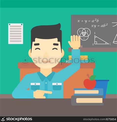 An asian young student raising hand in the classroom for an answer. Student sitting at the table with raised hand. Vector flat design illustration. Square layout.. Student raising hand in class for an answer.