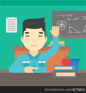 An asian young student raising hand in the classroom for an answer. Student sitting at the table with raised hand. Vector flat design illustration. Square layout.. Student raising hand in class for an answer.