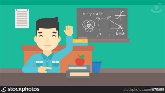 An asian young student raising hand in the classroom for an answer. Student sitting at the table with raised hand. Vector flat design illustration. Horizontal layout.. Student raising hand in class for an answer.