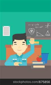 An asian young student raising hand in the classroom for an answer. Student sitting at the table with raised hand. Vector flat design illustration. Vertical layout.. Student raising hand in class for an answer.