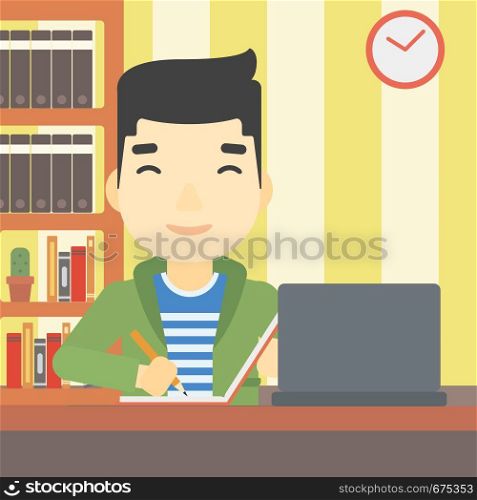 An asian young student sitting at the desk with laptop. Student using laptop at home and writing notes. Student working on laptop. Vector flat design illustration. Square layout.. Student using laptop for education.