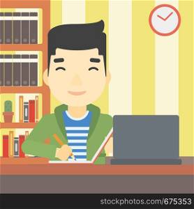 An asian young student sitting at the desk with laptop. Student using laptop at home and writing notes. Student working on laptop. Vector flat design illustration. Square layout.. Student using laptop for education.