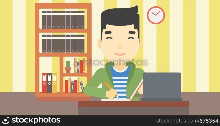 An asian young student sitting at the desk with laptop. Student using laptop at home and writing notes. Student working on laptop. Vector flat design illustration. Horizontal layout.. Student using laptop for education.