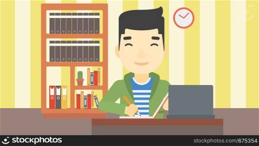 An asian young student sitting at the desk with laptop. Student using laptop at home and writing notes. Student working on laptop. Vector flat design illustration. Horizontal layout.. Student using laptop for education.