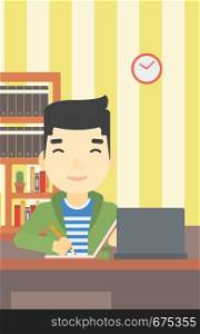 An asian young student sitting at the desk with laptop. Student using laptop at home and writing notes. Student working on laptop. Vector flat design illustration. Vertical layout.. Student using laptop for education.